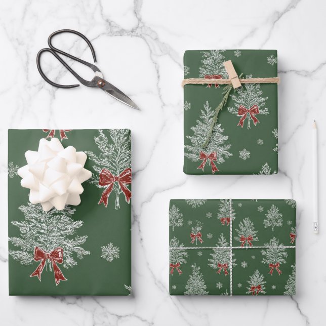 Green Toile Christmas Tree Pattern Wrapping Paper Sheets (Front)
