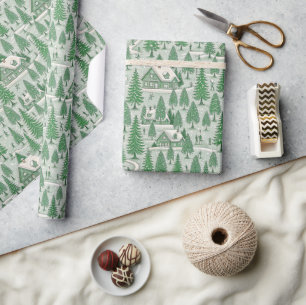 Green Toile Christmas Tree Scenery Wrapping Paper