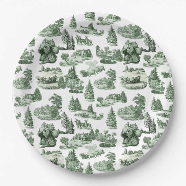 Green Toile Christmas Village Santa Reindeer  Paper Plates (Front)