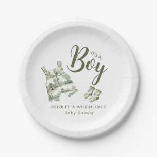 Green Toile de Jouy Boy Baby Shower Paper Plates