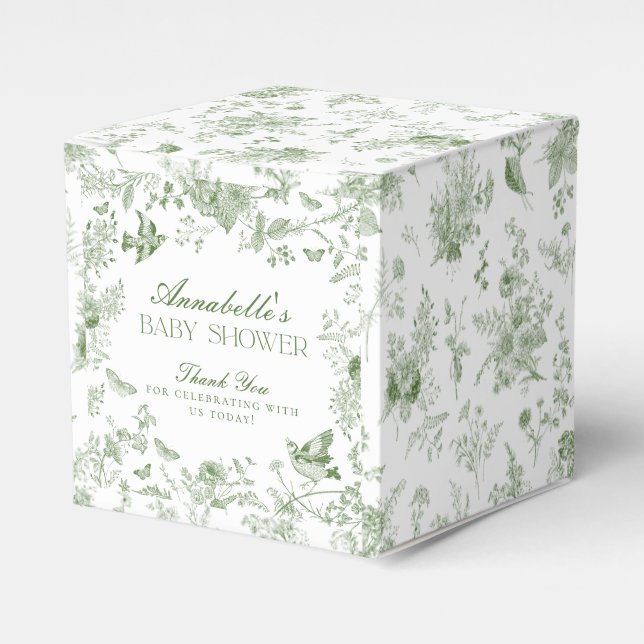 Green Toile De Jouy Floral Baby Shower Favor Boxes (Front Side)