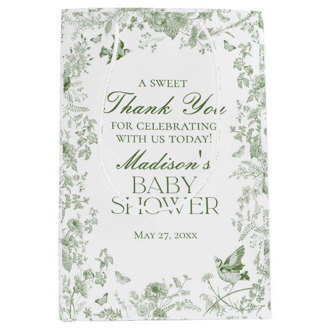 Green Toile De Jouy Floral Baby Shower Favors Medium Gift Bag (Front)