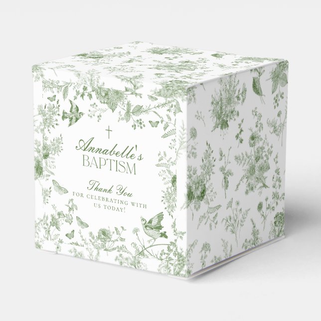 Green Toile De Jouy Floral Baptism Favor Boxes (Back Side)