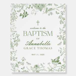Green Toile De Jouy Floral Baptism Welcome Sign