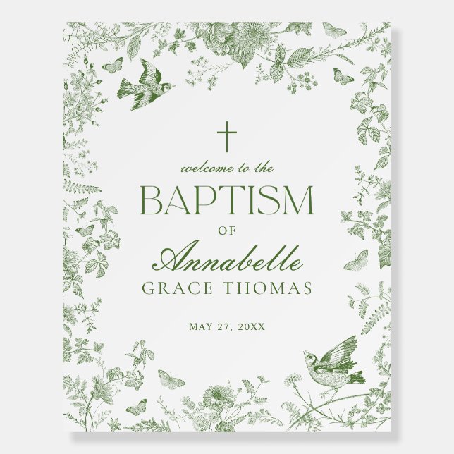 Green Toile De Jouy Floral Baptism Welcome Sign (Front)