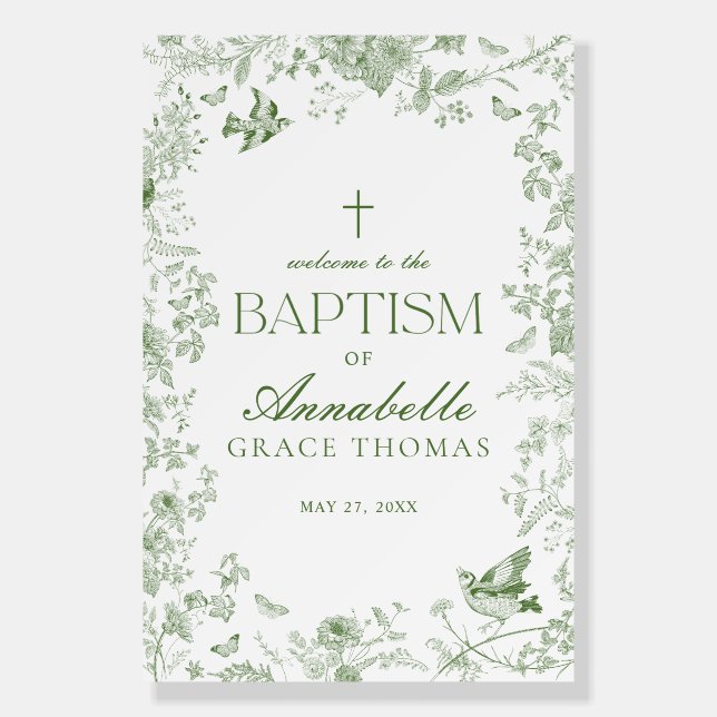 Green Toile De Jouy Floral Baptism Welcome Sign (Front)