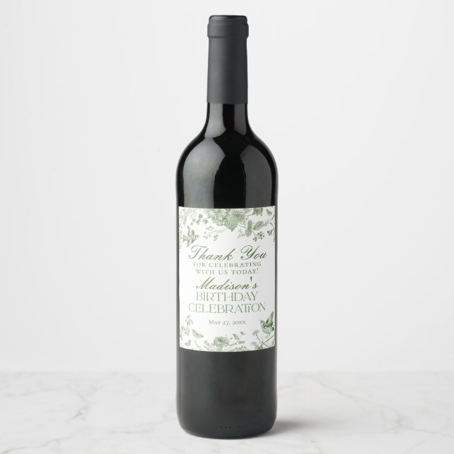 Green Toile De Jouy Floral Birthday Party Favors Wine Label (Front)