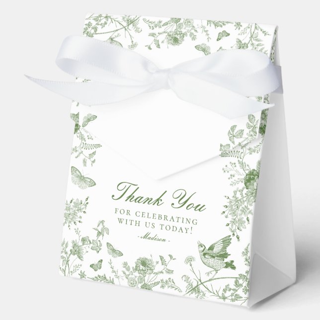 Green Toile De Jouy Floral Dessert Favor Boxes (Front)