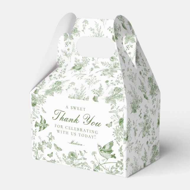 Green Toile De Jouy Floral Dessert Favor Boxes (Front Side)