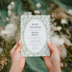Green Toile De Jouy  Floral Photo  Baby Shower  Invitation