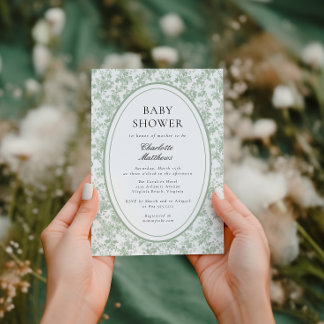 Green Toile De Jouy Floral Photo Baby Shower Invitation