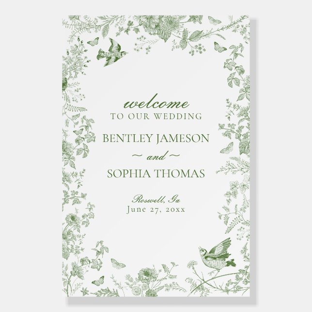 Green Toile De Jouy Floral Wedding Welcome Sign (Front)