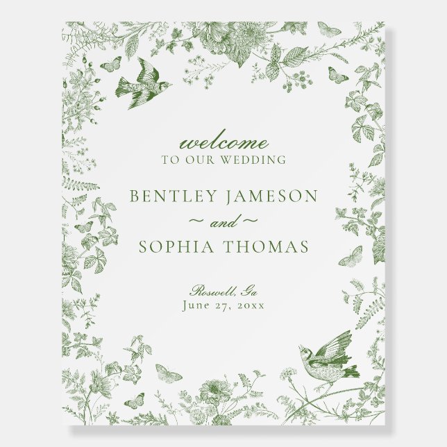 Green Toile De Jouy Floral Wedding Welcome Sign (Front)