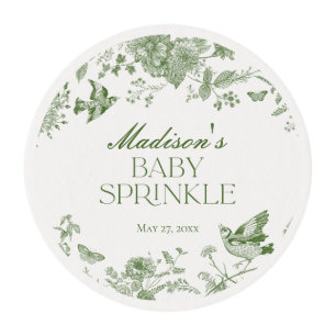 Green Toile De Jouy Vintage Floral Baby Sprinkle Edible Frosting Rounds
