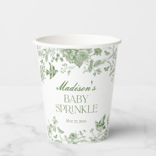 Green Toile De Jouy Vintage Floral Baby Sprinkle Paper Cups