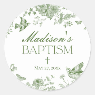 Green Toile De Jouy Vintage Floral Baptism Favor Classic Round Sticker