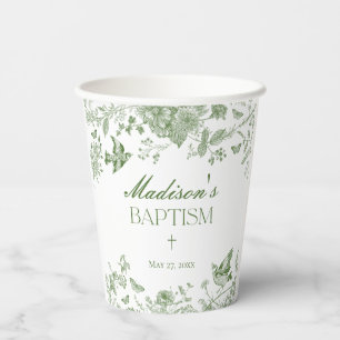 Green Toile De Jouy Vintage Floral Baptism Paper Cups