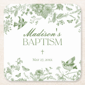 Green Toile De Jouy Vintage Floral Baptism Square Paper Coaster