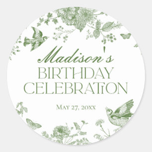 Green Toile De Jouy Vintage Floral Birthday Party Classic Round Sticker