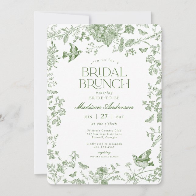 Green Toile De Jouy Vintage Floral Bridal Brunch Invitation (Front)