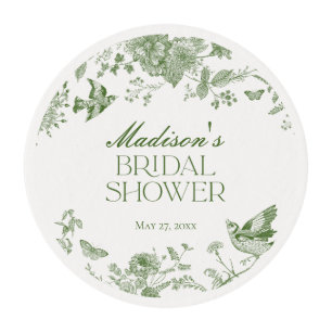 Green Toile De Jouy Vintage Floral Bridal Shower Edible Frosting Rounds