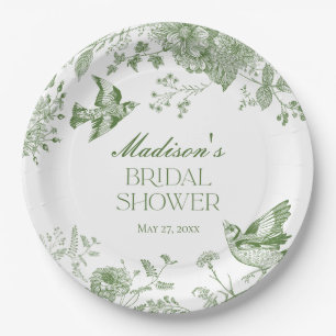 Green Toile De Jouy Vintage Floral Bridal Shower Paper Plates