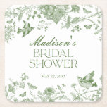 Green Toile De Jouy Vintage Floral Bridal Shower Square Paper Coaster<br><div class="desc">Transform your celebration with our Olive Green Toile de Jouy Party Decor Collection. This elegant ensemble showcases intricate chinoiserie wildflowers, birds, and butterflies, all meticulously designed to create a sophisticated and timeless atmosphere. With detailed florals and a rich olive green palette, this collection adds a touch of refined beauty to...</div>