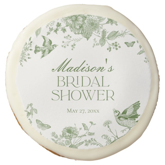 Green Toile De Jouy Vintage Floral Bridal Shower Sugar Cookie (Front)