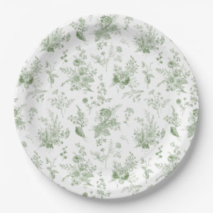 Green Toile De Jouy Vintage Floral Chinoiserie Paper Plates