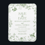 Green Toile De Jouy Vintage Floral Save the Date Magnet<br><div class="desc">Transform your celebration with our Olive Green Toile de Jouy Party Decor Collection. This elegant ensemble showcases intricate chinoiserie wildflowers, birds, and butterflies, all meticulously designed to create a sophisticated and timeless atmosphere. With detailed florals and a rich olive green palette, this collection adds a touch of refined beauty to...</div>