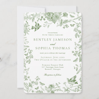 Green Toile De Jouy Vintage French Floral Wedding Invitation