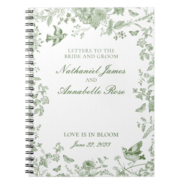 Green Toile De Jouy Wedding Letters Bride & Groom Notebook (Front)