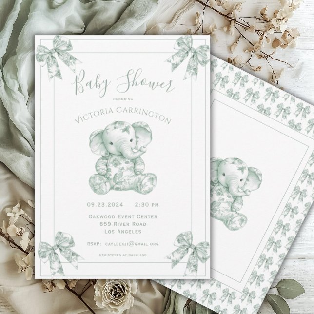 Green Toile Elephant Baby Shower Invitation (Creator Uploaded)