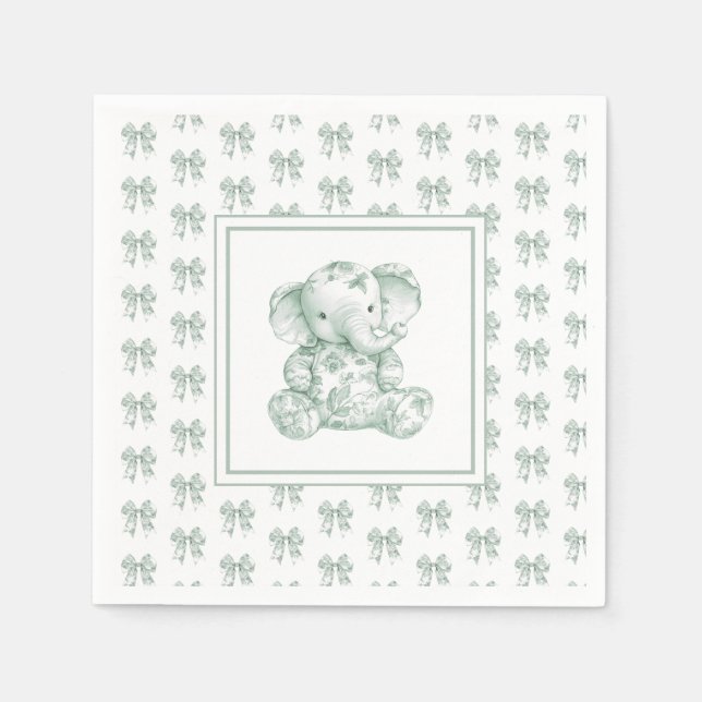 Green Toile Elephant Baby Shower Napkins (Front)