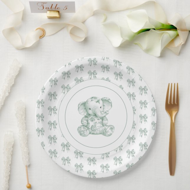 Green Toile Elephant Baby Shower Paper Plates (Wedding)