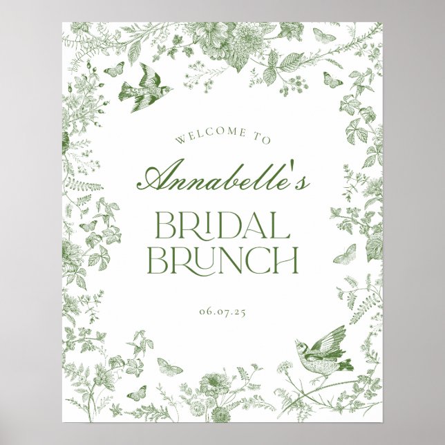 Green Toile Jouy Floral Bridal Brunch Welcome Sign (Front)