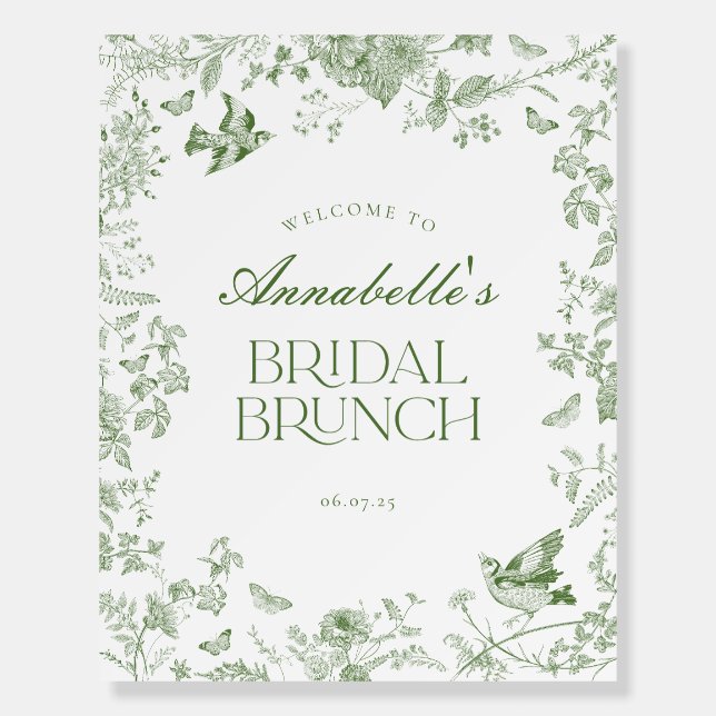 Green Toile Jouy Floral Bridal Brunch Welcome Sign (Front)