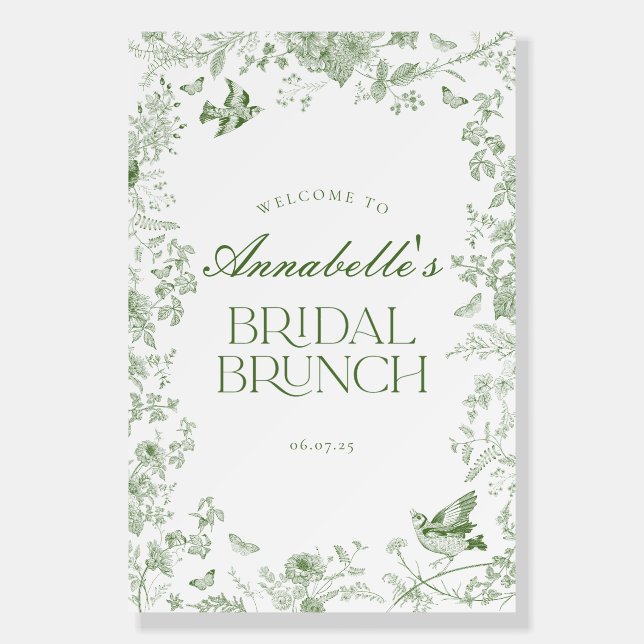 Green Toile Jouy Floral Bridal Brunch Welcome Sign (Front)