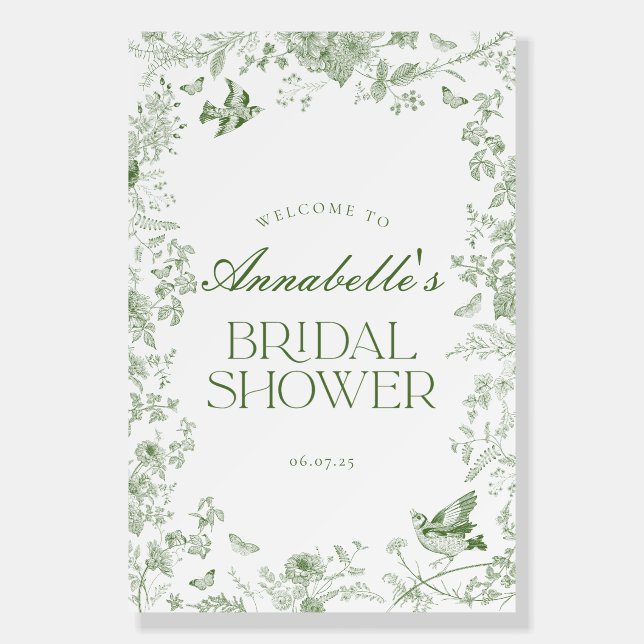 Green Toile Jouy Floral Bridal Shower Welcome Sign (Front)
