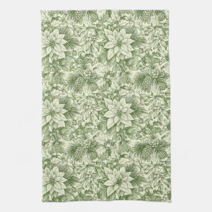 Green Toile Poinsettia Christmas Pattern Kitchen Towel