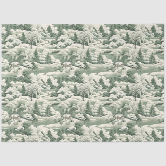 Green Toile Snowy Landscape Tissue Paper (Front)