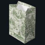 Green Toile Vintage Christmas Village Pattern (3) Medium Gift Bag<br><div class="desc">A vintage-style seamless pattern gift bag depicting a peaceful winter village scene in soft green. Inspired by classic toile designs,  it captures snowy cottages,  pine trees,  sleigh rides,  and timeless holiday charm. Ideal for Christmas themes,  nostalgic,  and elegant vintage countryside aesthetic.</div>