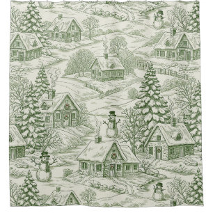 Green Toile Vintage Christmas Village Pattern (3) Shower Curtain