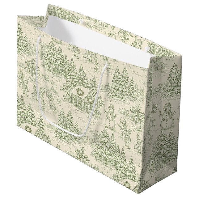 Green Toile Vintage Christmas Village Pattern (5) Large Gift Bag (Front Angled)