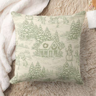 Green Toile Vintage Christmas Village Pattern (5) Throw Pillow