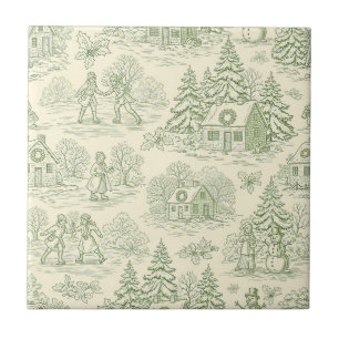 Green Toile Vintage Christmas Village Pattern (6) Ceramic Tile