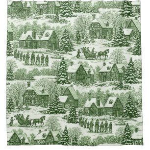 Green Toile Vintage Christmas Village Pattern Shower Curtain