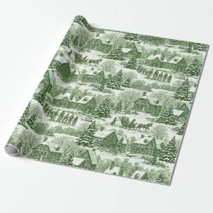 Green Toile Vintage Christmas Village Pattern Wrapping Paper