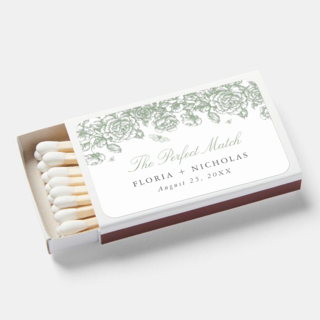 Green Toile Wedding Matchboxes French Chinoiserie (Front Open)