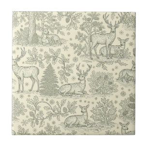 Green Toile Woodland Deer Christmas Pattern (2) Ceramic Tile